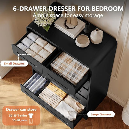 Tall Dressers for Bedroom, 6 Drawers Dresser & Chest of Drawers with Pre-Installed Slides&Curved Profile Design, Modern Closet Storage Wood Dressers Organizer for Living Room Hallway, Black