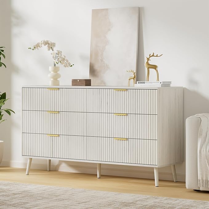 LYNSOM 55" Wide Fluted Dresser for Bedroom with 6 Drawer, Modern Chest of Drawers with Curved Profile Design and Metal Handles, Wood Dresser TV Stand & Storage Organizer for Living Room, White