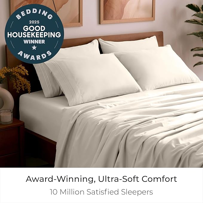Mellanni Queen Sheet Set - 6-Piece Iconic Collection Bedding, (Including 4 Pillowcases), 21-Inch Extra Deep Pocket, Easy Care, Ultra Soft, Cooling Sheets, Brushed Microfiber - Golden Ivory