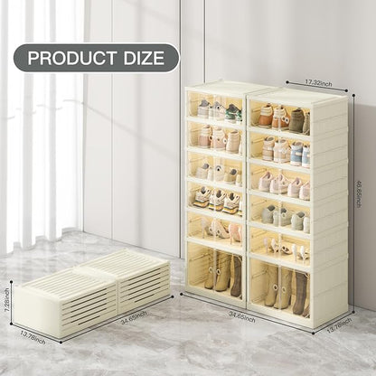 6 Tiers Foldable Shoe Rack Organizer for Closet with Wheels, 24Pairs Plastic Collapsible Shoe Shelf for Front Door Entrance Stackable Clear Folding Shoes Storage Boxes Tall Shoe Cabinet