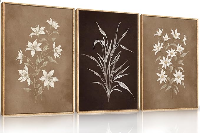 LHIUEM Large Vintage Neutral Botanical Framed Wall Art Set,Brown and Black Flower Wall Decor,Nature Wildflower Artwork,Rustic Plant Floral Art Prints for Living Room,Bedroom,Farmhouse - 24"x36"x3