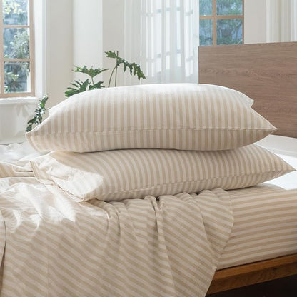 MooMee Striped Duvet Cover Set 100% Washed Cotton Linen Like Textured Breathable Durable Soft Comfy (Almond Milk Grey Classic Stripes, Cal King 104"x98")
