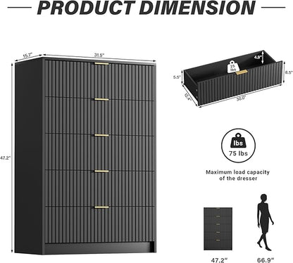 Black Dresser for Bedroom, Modern Dresser with 5 Drawers and Smooth Slides, Wide Chest of Drawers with Golden Handles for Bedroom, Living Room, Closet, 15.7" D x 31.5" W x 47.2" H