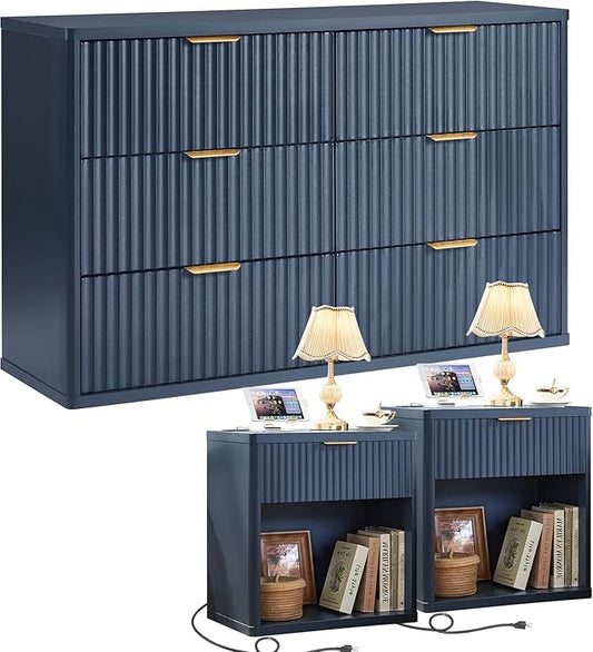 LEYAOYAO 48" Wide Fluted Dresser and 1 Drawers 23" Nightstand Set of 2, Wooden Dresser & Night Stand with Charging Station, 3 Piece Bedroom Furniture Set, Chest of Drawer for Living Room,Blue
