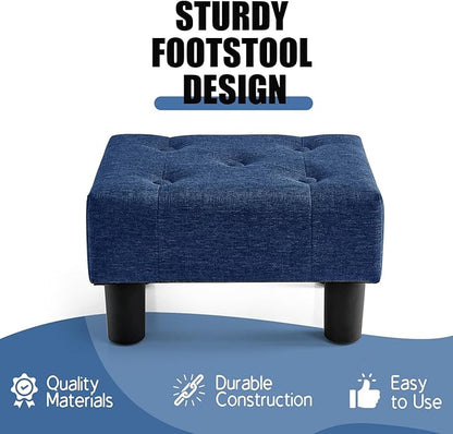 BRIAN & DANY Small Foot Stool, Linen Foot Stools with Legs, Stable Small Footstool for Living Room, Blue