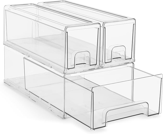 Sorbus 1 Medium & 2 Small Clear Stackable Storage Drawers – Plastic Organizer Bins with Handles – Stackable Pull-Out Storage Drawers for Closet, Pantry, Office, Bathroom, Craft, and Toy Organization