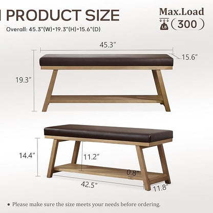 45" Entryway Bench Upholstered Storage Bench for Bedroom Shoe Rack Bench for Living Room, Hallway, Mudroom, Balcony, Sturdy Indoor Bench Seat Holds Up to 300 lbs (PU-Brown)