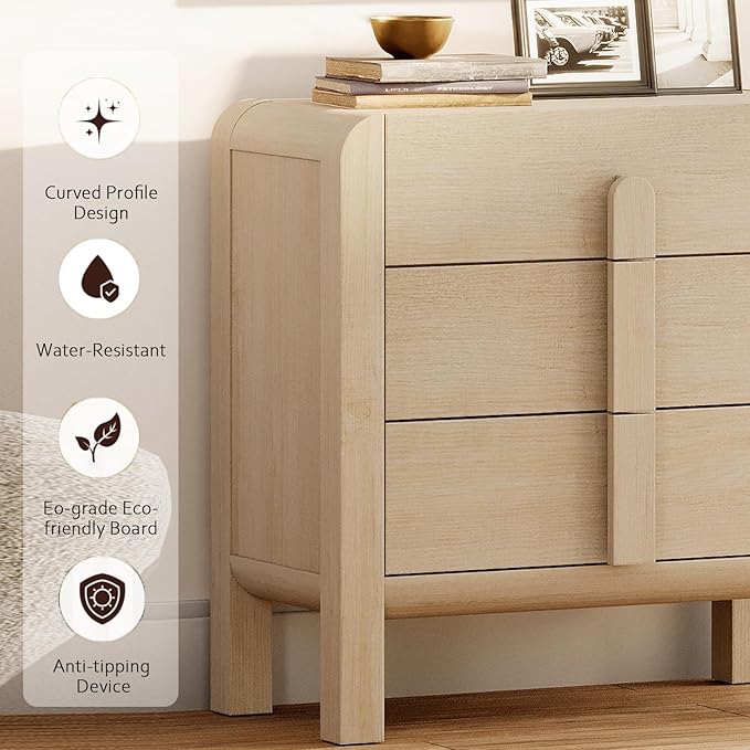 WAMPAT Modern 3 Drawer Nightstand, 31.5" Tall Nightstand with Large Chest of Drawers, Wooden Bedroom Dresser w/Curved Profile Design, End Table Bed Side Table for Bedroom, Living Room, Light Oak