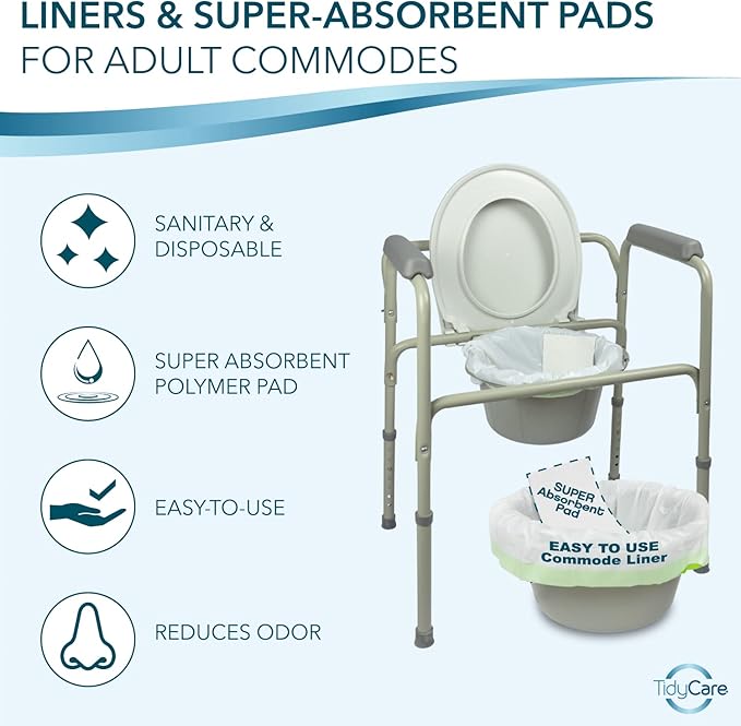 TidyCare Disposable Bedside Commode Liners and Pads for Portable Toilet Chair Seat Bucket and Bedpan | Combo Pack of 24 Waste Bags and 24 Absorbent Pads | Universal Fit