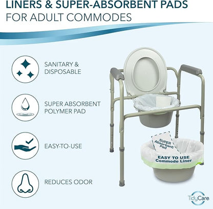 TidyCare Disposable Bedside Commode Liners and Pads for Portable Toilet Chair Seat Bucket and Bedpan | Combo Pack of 72 Waste Bags and 72 Absorbent Pads | Universal Fit