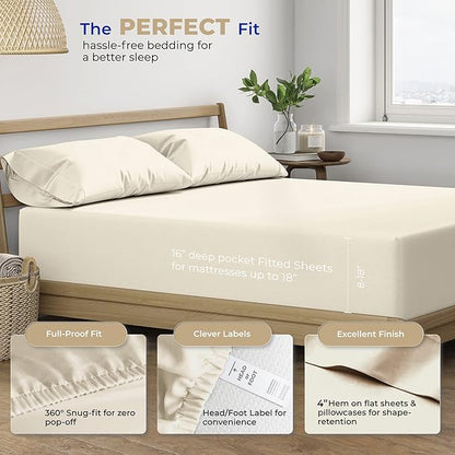 THREAD SPREAD Split King Sheets Sets for Adjustable Bed - 400 Thread Count 5 PC Sateen Split Sheet Set, Cooling Cotton Sheets, 2 Twin-XL Fitted Sheets, 16" Deep Pocket Split King Sheet (Ivory)