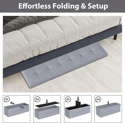 Giantex 43 Inches Folding Storage Ottoman Bench, Upholstered PU Leather Storage Chest with Side Pocket, Padded Seat, End of Bed Bench, Collapsible Ottoman Foot Rest for Living Room, Bedroom & Entryway