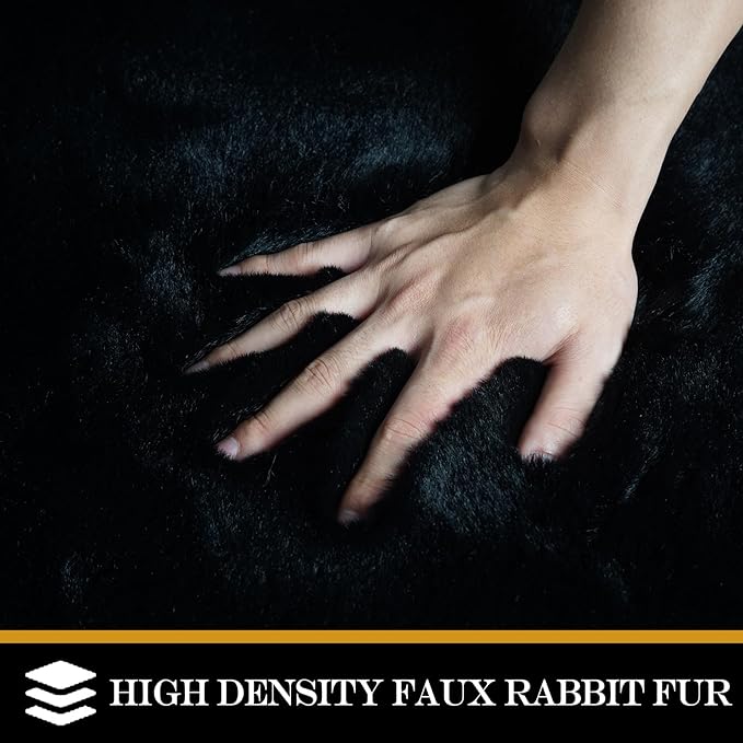 Latepis Black Area Rugs 8x10 Living Room Faux Rabbit Fur Rug Soft Washable Fluffy Shaggy Rug for Bedroom, Dorm, Playing Room, Nursery Room