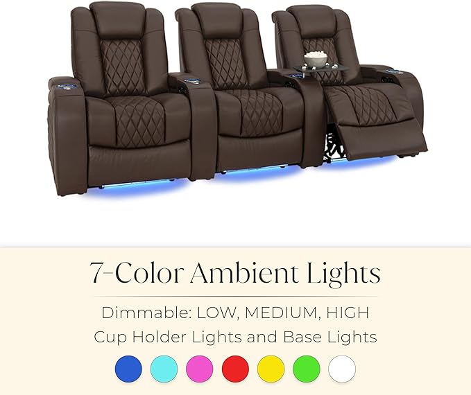 Seatcraft Diamante Zero-Gravity CoolZero Italian Leather Home Theater Seating, Power Headrest, Power Recline, Row of 5 Middle Sofa, Brown