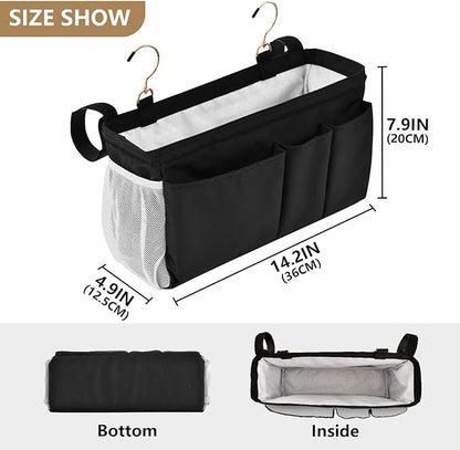 KOPIRIT Black Bedside Caddy Storage Bag Bedside Organizer for Bed Rails College Dorm Room Organizer Caddy Hanging Shelf 6 Pockets with Hooks for Drinks Magazine Phone Holder