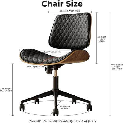 Home Office Desk Chair with Wheels, Armless Adjustable Height PU Leather Office Chair, Mid Back Ergonomic Computer Chair, Walnut Curved Seat Design No-Arm Chair (All-Black)