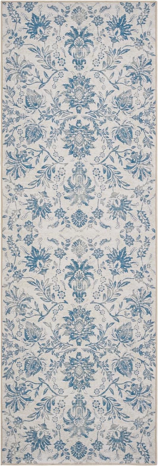 jinchan Torino Runner Rugs 3x8, Vintage-Inspired Floral Design Machine Washable Non-Slip Ultra-Thin Low-Pile Rubber Backing Traditional Rug for Kitchen Hallway Laundry Room Entryway Dark Blue