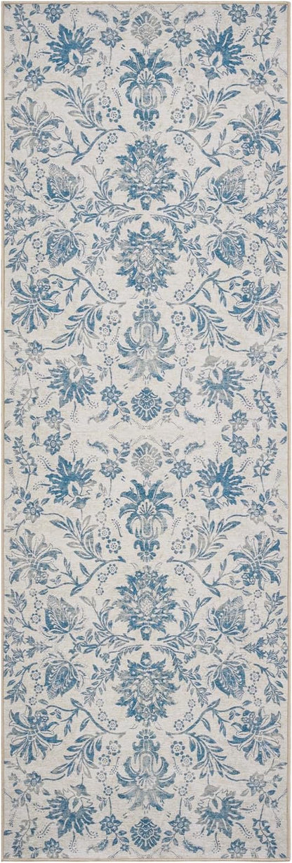 jinchan Torino Runner Rugs 3x8, Vintage-Inspired Floral Design Machine Washable Non-Slip Ultra-Thin Low-Pile Rubber Backing Traditional Rug for Kitchen Hallway Laundry Room Entryway Dark Blue