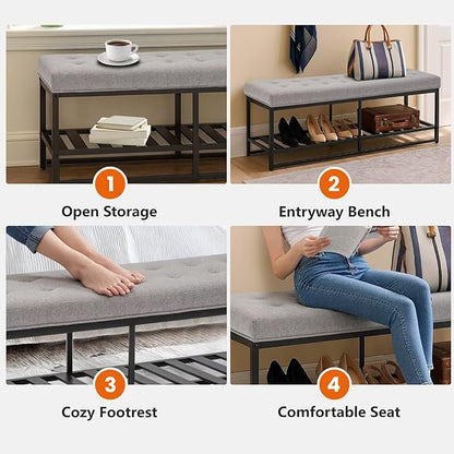 Storage Ottoman Bench with Upholstered Tufted Linen Fabric, Large End of Bed Bench with Iron Frame Rectangular Foot Stool for Living Room, Bedroom, Entryway Gray