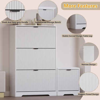 Slim Shoe Cabinet with Bench for Entryway, Hidden Storage and Adjustable Shelves, Free Standing Wooden Shoes Organizer for Foyer, Hallway