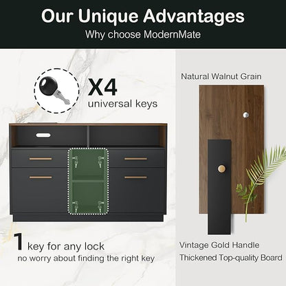 4 Drawer File Cabinet, Wood Filing Cabinet for Home Office with Lock, Power Strip, Storage Shelves, Home Office Lateral File Storage Fits Legal/Letter Size, Black Walnut