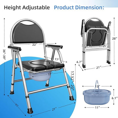 4 in 1 Folding Bedside Commode Chair for Elderly with Arms and Back,Adjustable Height Raised Toilet Seat with Handles,Adults Potty Chair for Seniors,Disabled Holds Up to 350 lbs (PU Soft Seat)