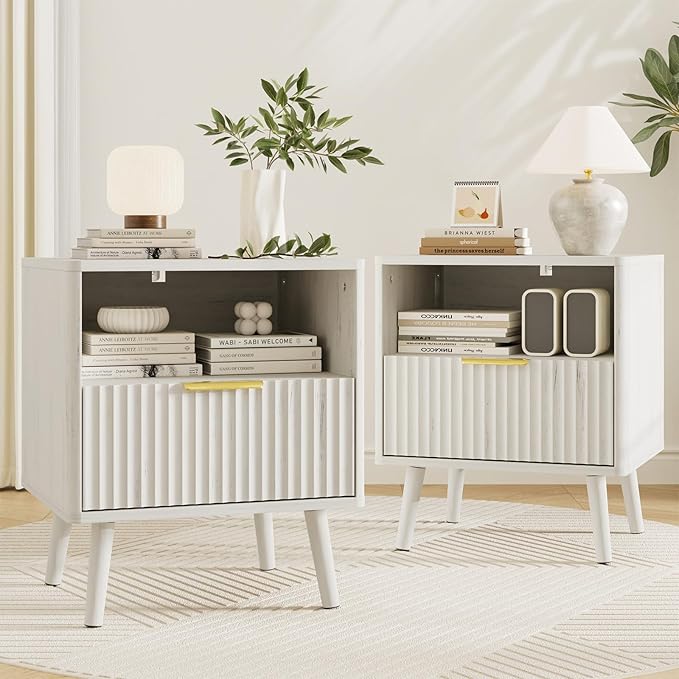 LYNSOM Fluted Dresser and Nightstand Sets 3 Piece, 6-Drawers Dresser and 1-Drawer Nightstands Set of 2, Wood Bedroom Furniture Set for Home, Bedroom, Hallway, White