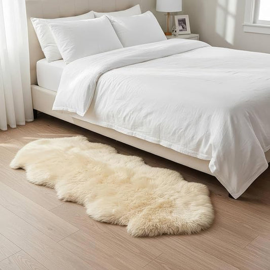 Premium Champagne Sheepskin Rug Genuine Double 2x6ft Pelt Fluffy Fur Rug for Bedrooms