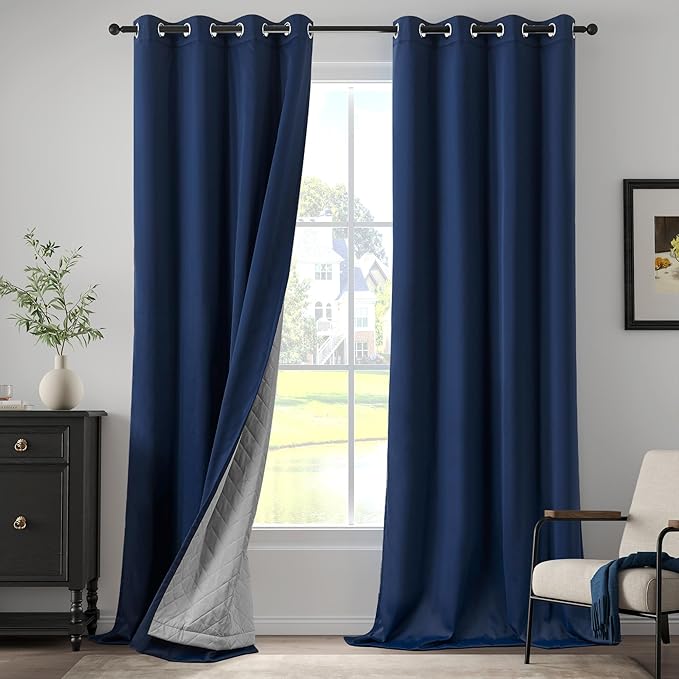 Navy Blue 3-in-1 Blackout Curtains Heavy Duty Soundproof Curtains Thermal Insulated Drapes for Winter Room Divider Grommet Curtains for Living Room Bedroom (1 Panel, Navy Blue, 50" x 108")