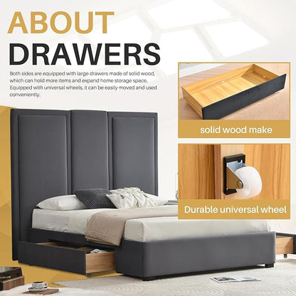 YUHUASHI Queen Size Bed Frame with 64-inch High Headboard, Simple and Airy Linen Upholstered Platform Bed with Storage Drawers, Wood Slat, No Noise (Grey, Queen (U.S. Standard))