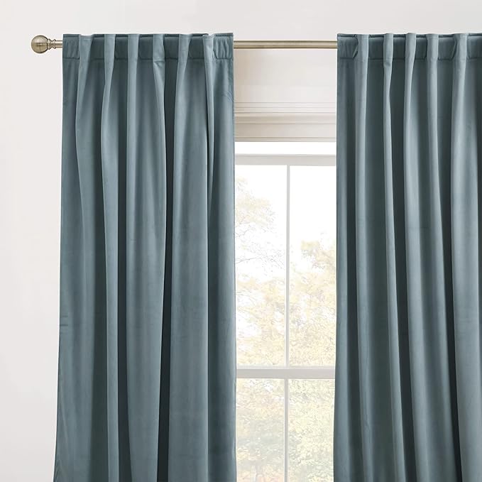 RYB HOME Blue Velvet Curtains 84 inches - Blackout Curtains for Living Room, Thermal Insulated Noise Reducing Panels Soft Luxury Window Decor for Bedroom, Stone Blue, W52 x L90 inches, 2 Panels