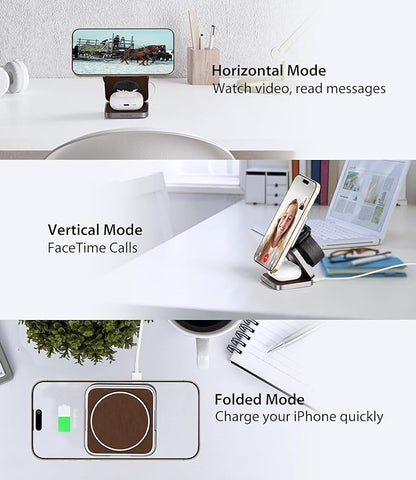 Foldable Magnetic Wireless Charger, KU XIU Aluminum Alloy 3 in 1 Charging Station for Apple, Fast Charging Travel Charger for iPhone 17 16 15 14 13, 5W for Apple Watch Ultra, AirPods, Leather Texture