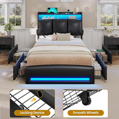 VIAGDO Twin Bed Frames with Storage Headboard and Charging Station, Leather Upholstered Bed Frame Twin Size with 4 Drawers and LED Lights, Type C and USB, No Box Spring Needed, Black