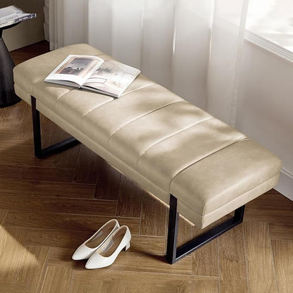 HULALA HOME 53" Faux Leather Entryway Bench, Button Tufted End of Bed Bench Ottoman for Bedroom, Living Room with Metal Base,Beige