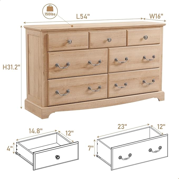T4TREAM 7 Drawers Dresser Chests for Bedroom, Wood Vintage Chests of Drawers, Rustic Dressers Chset Organizer for Bedroom, Living Room, Hallway, Natural Oak