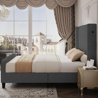 Queen Size Bed Frame with Headboard, Upholstered Platform Bed with Tall Wingback Headboard & Footboard, Corduroy Bed Frames with USB Ports, Easy Assembly, Gray