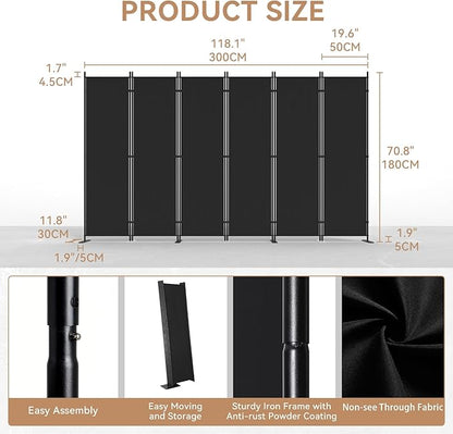 C-Hopetree 6 Panels Room Divider, 6 Ft Tall Indoor Folding Privacy Screen, Portable Partition Separator, Freestanding Separation Temporary Wall for Office, Bedroom, 120" W X 71" H, Black