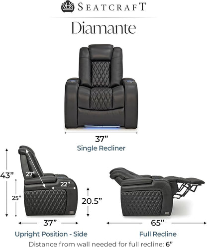 Seatcraft Diamante Zero-Gravity CoolZero Italian Leather Home Theater Seating, Power Headrest, Power Recline, Single Recliner, Black