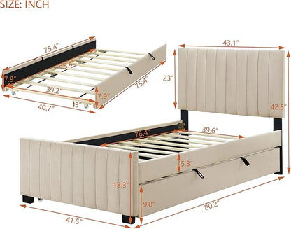 Twin Size Bed Frame with Trundle Bed,Velvet Upholstered Bed Frame,Twin Size Trundle Bed with Headboard,Upholstered Platform Bed Twin for Kids Teens Adults(Beige)