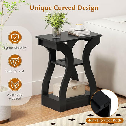 Giantex Narrow End Tables with Charging Station Set of 2, Wood Sofa Side Tables with Open Storage Shelves, Bedside Tables with USB Ports & Outlets, Modern Nightstands for Living Room, Bedroom, Black