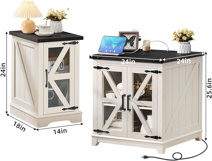 Farmhouse End Table Set 2, Narrow 18'' Night Stand with Glass Barn Door, 24" Square Side Table with Charger Station, Living Room Furniture Sets, Wood Nightstand Bedside Tables for Bedroom