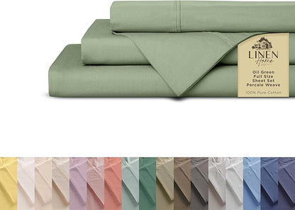 Linen Home 100% Cotton Percale Sheets Full Size, Oil Green, Deep Pocket, 4 Pieces Set - 1 Flat, 1 Deep Pocket Fitted Sheet and 2 Pillowcases, Crisp Cool and Strong Bed Linen