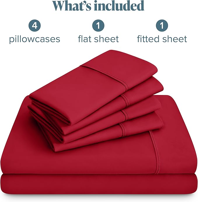 Bare Home Hotel Luxury Full XL Sheet Set, Extra Soft - 6 Piece Set - Deep Pockets - Easy Fit - Cooling & Breathable - Wrinkle, Fade, Stain Resistant - Includes 4 Pillowcases (Full XL, Red)