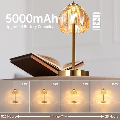 Set of 2 Tulip Table Lamp with 5000mAh Battery & Touch Control, Cordless Small Table Lamp with 3 Colors, Dimmable Rechargeable Table Lamps for Bedroom, Desk, Bedside (Amber Tulip)