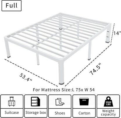 ROIL 14 Inch White Full Size Bed Frame with Rounded Corner and Headboard Hole Mattress Retainers 3500LBS Heavy Duty Steel Slats No Box Spring Needed Platform Noise-Free Easy Assembly