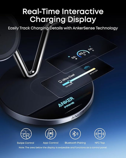 Anker Prime MagSafe Charger Compatible, 3-in-1 Charging Station, Qi2 25W Certified Wireless Charger Dock Stand, Smart Display with TEC Active Cooling, for iPhone 17, Apple Watch, AirPods, and More