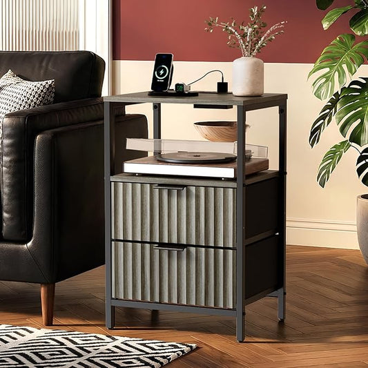 VINGLI Grey Night Stand with Charging Station, Fluted Nightstand Gray with Drawers Fabric, Grey Bedside Table/End Table for Bedroom, 14.96" W*11.81" D*23.78" H