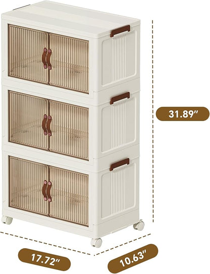 35 QT Large Plastic Storage Bins with Lids Open Front, Stackable Storage Containers with Wheels for Clothes, Home, Room, White, 3 Tiers