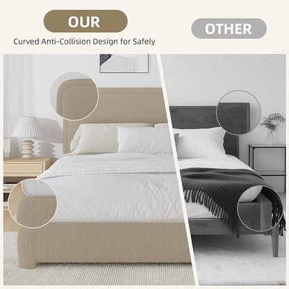 BarnFurin Twin Bed Frames with Headboard,Cloud Boucle Upholstered Platform Bed, Modern Style, Soft Rounded Corners, No Box Spring Needed, Easy Assembly, Beige