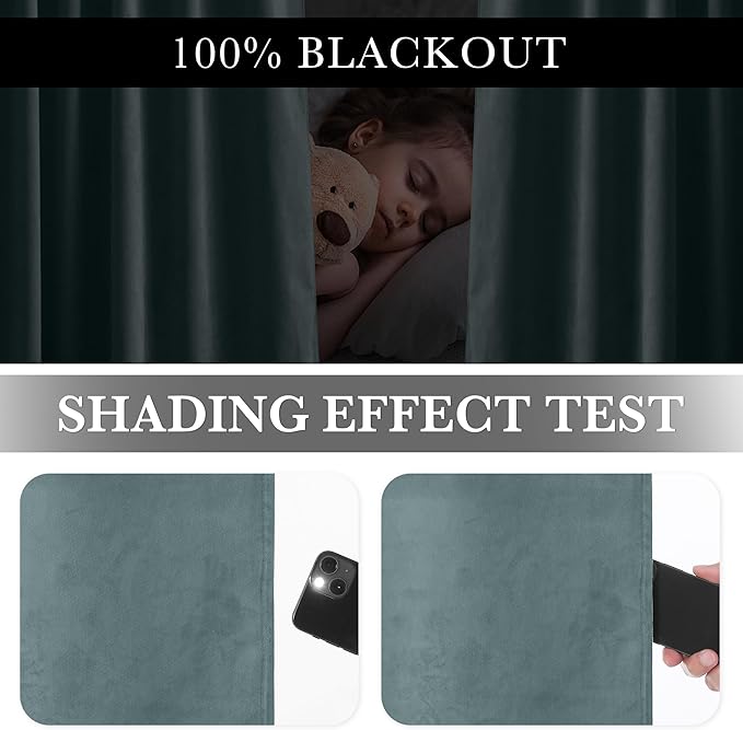 RYB HOME 100% Blackout Blue Velvet Curtains 84 inches, Back Tab Thermal Insulated Noise Reducing Curtains & Drapes for Living Room Kids Bedroom, Stone Blue, 52W x 84L, Set of 2 Panels